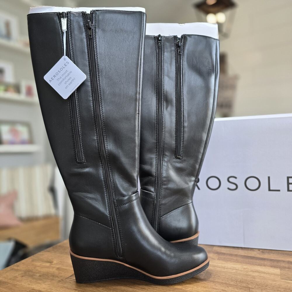 Aerosoles Binocular Knee High Boots Size 7M Black Wedge Heel Women's NEW